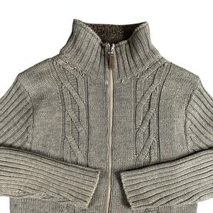 American Blue Mens Medium Full Zip Cable Knit Sweater Mock Neck Tan Gray